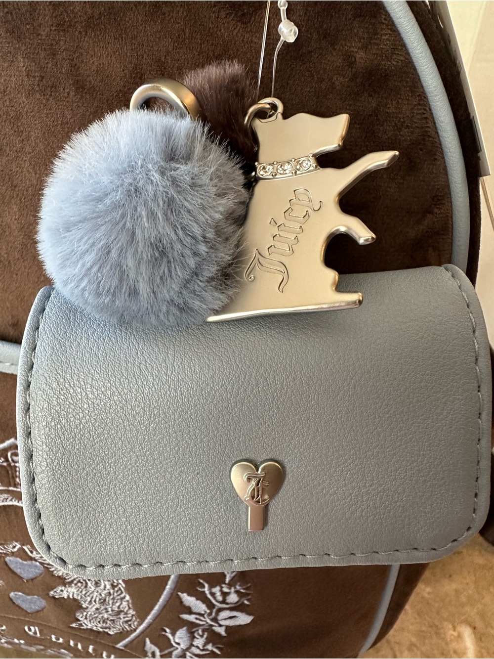 NWT Juicy Couture Bag New Love Chapter Velvet Backpack Brown & Blue Scottie Dog - Picture 7 of 11